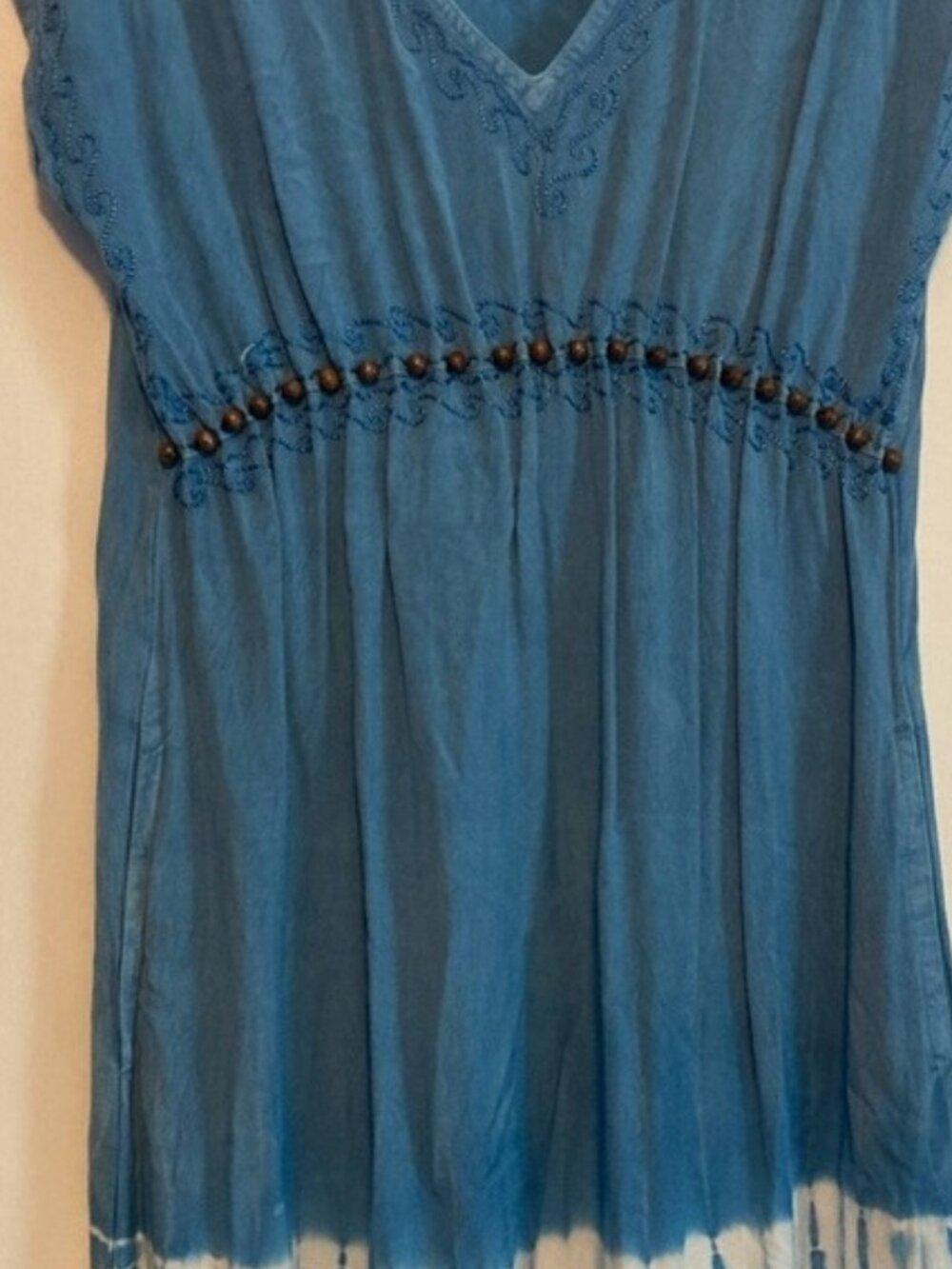 Raya Sun Dress SZ L Sky Blue Cotton Blend wood beaded and embroidered